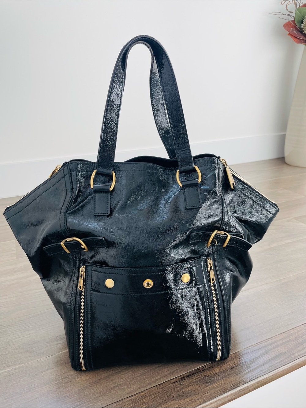Yves Saint Laurent Black Patent Tote with Gold Hardware Accents